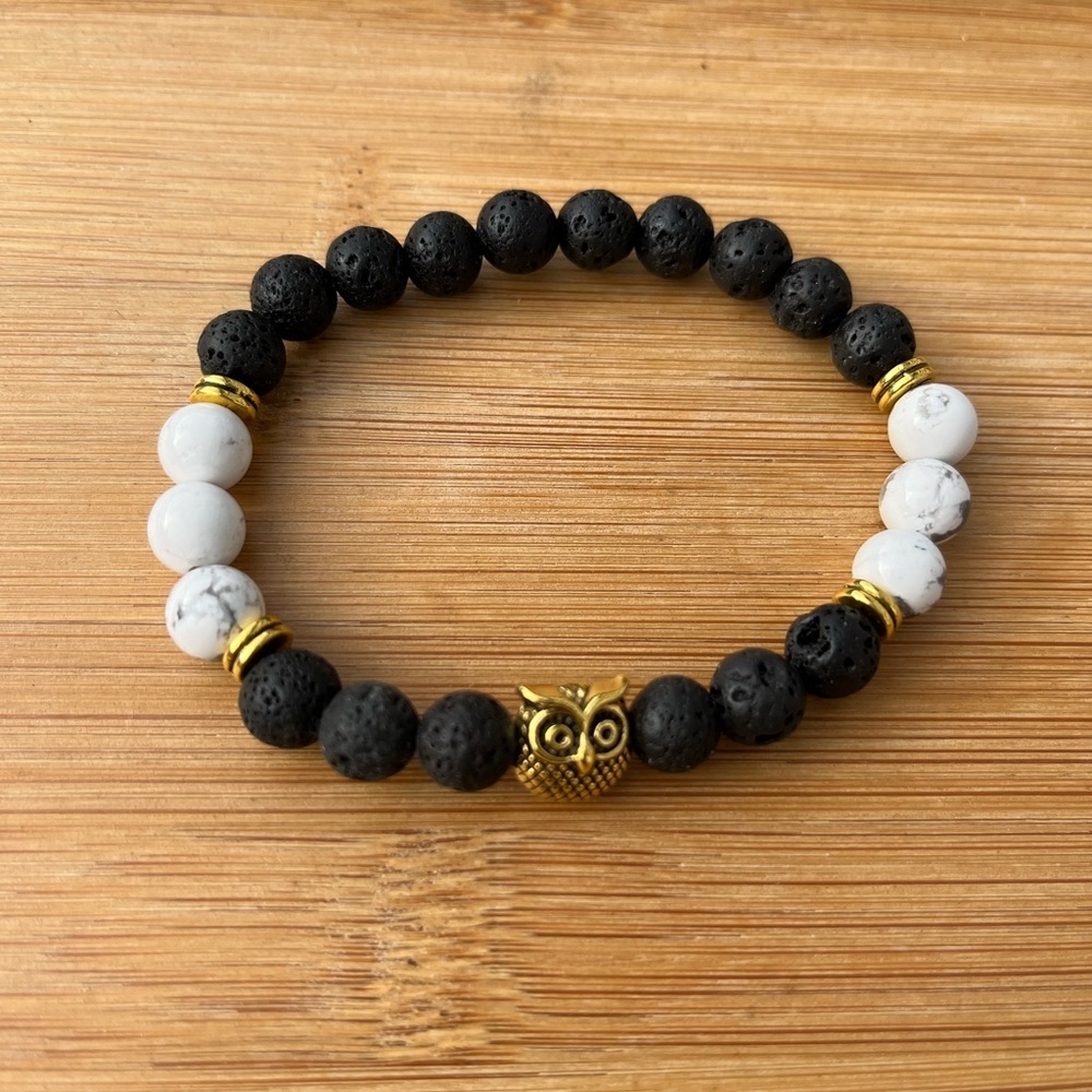 Black Lava Stone Natural White Howlite Owl Charm Bracelet - Picture 6 of 12